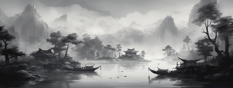 山水河流复古风意境自然景观中式风水墨画,插画/手绘图,插画/手绘图库,插画/手绘图下载,插画/手绘